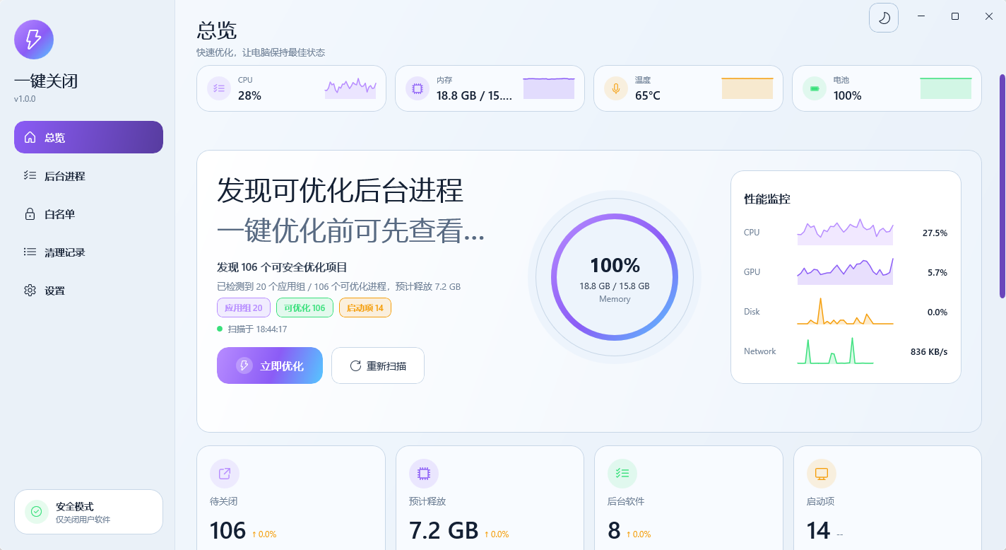 OneClickClose 软件总览界面截图
